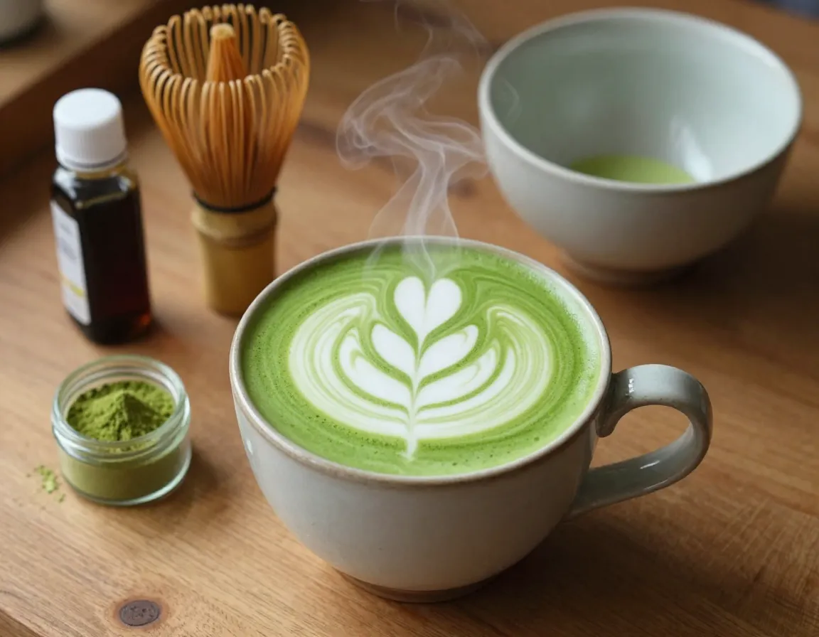 Classic hot vanilla matcha latte in ceramic mug with latte art