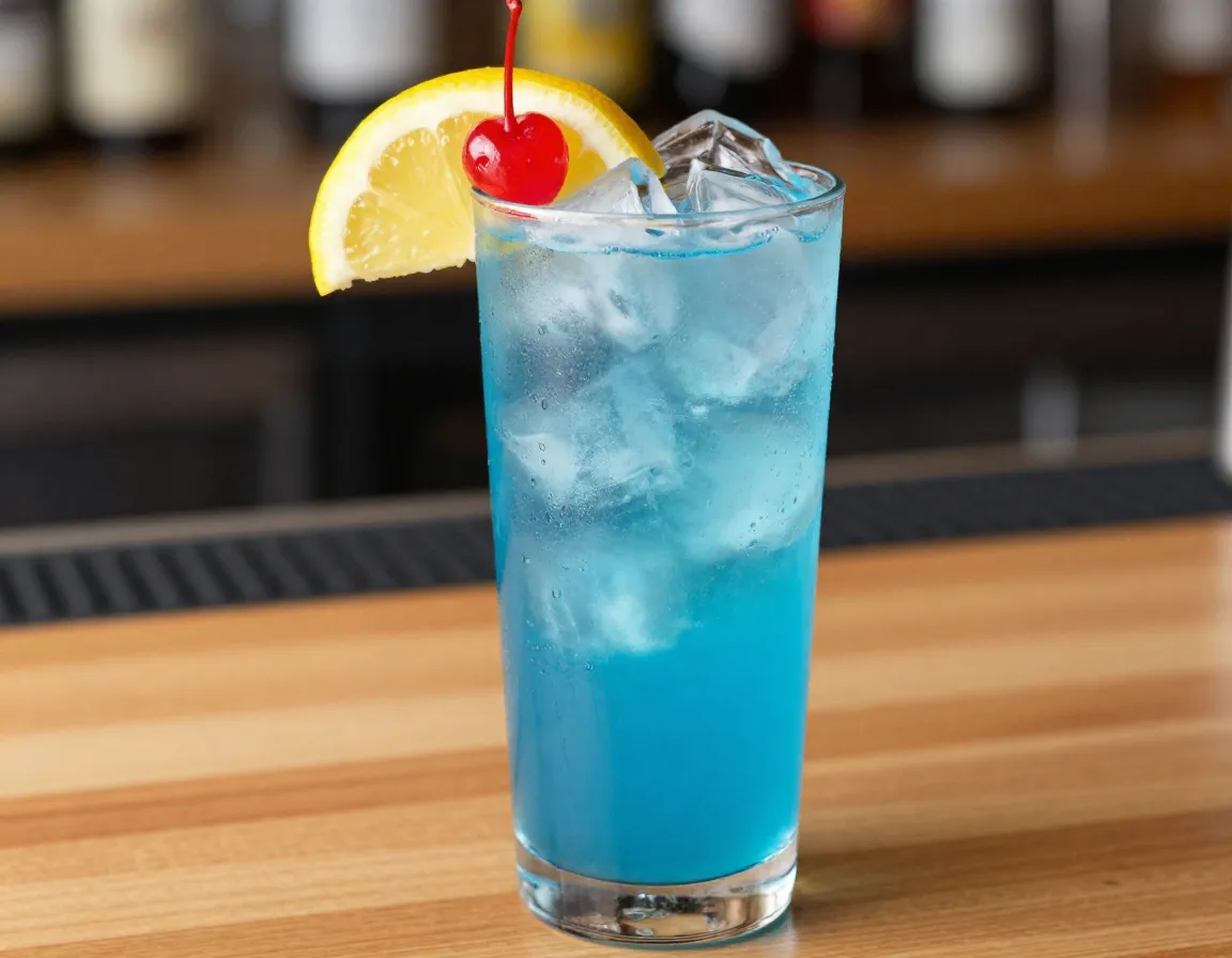Traditional blue long island iced tea highball glass lemon garnish