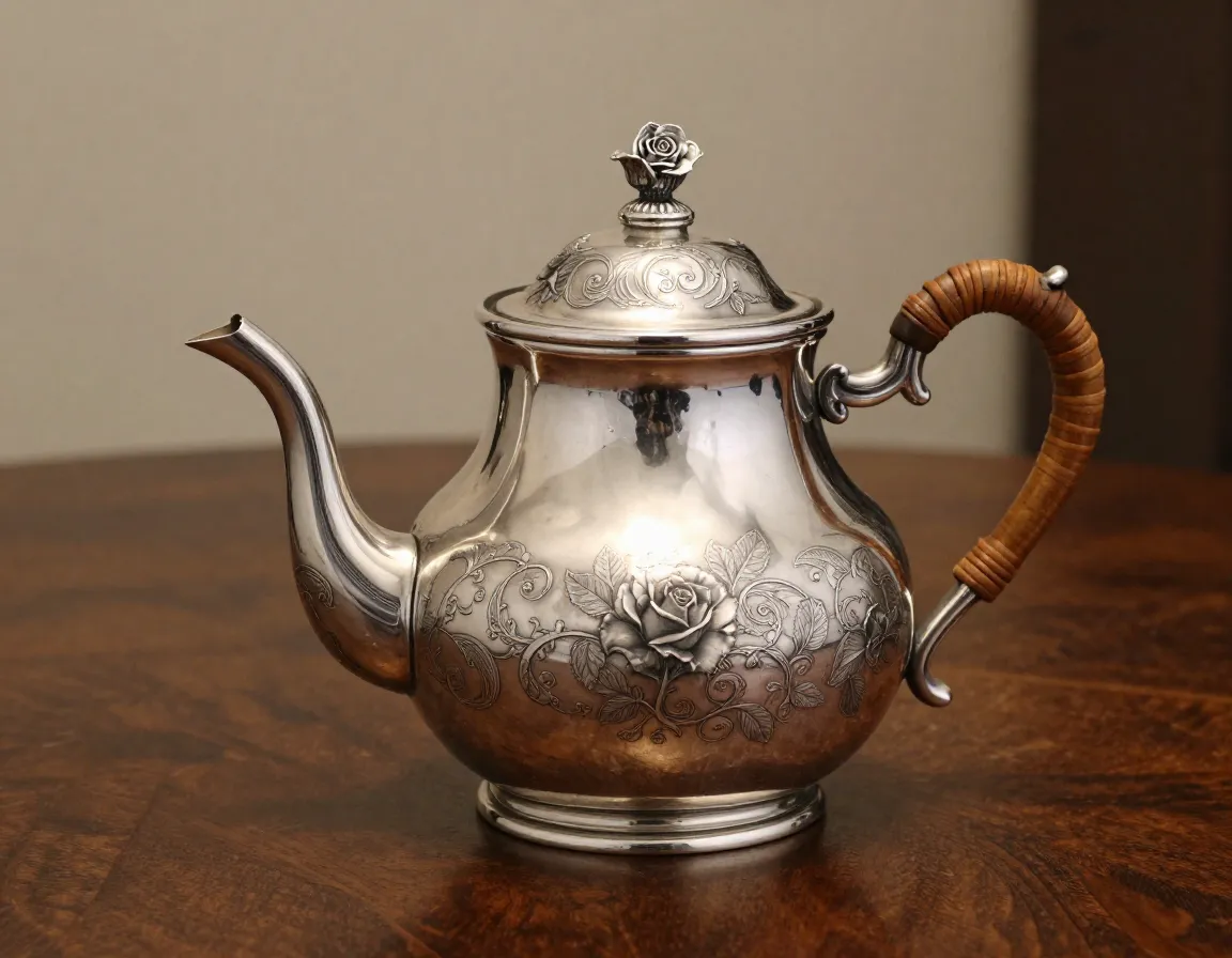 Victorian silver teapot with rose engravings on wooden table
