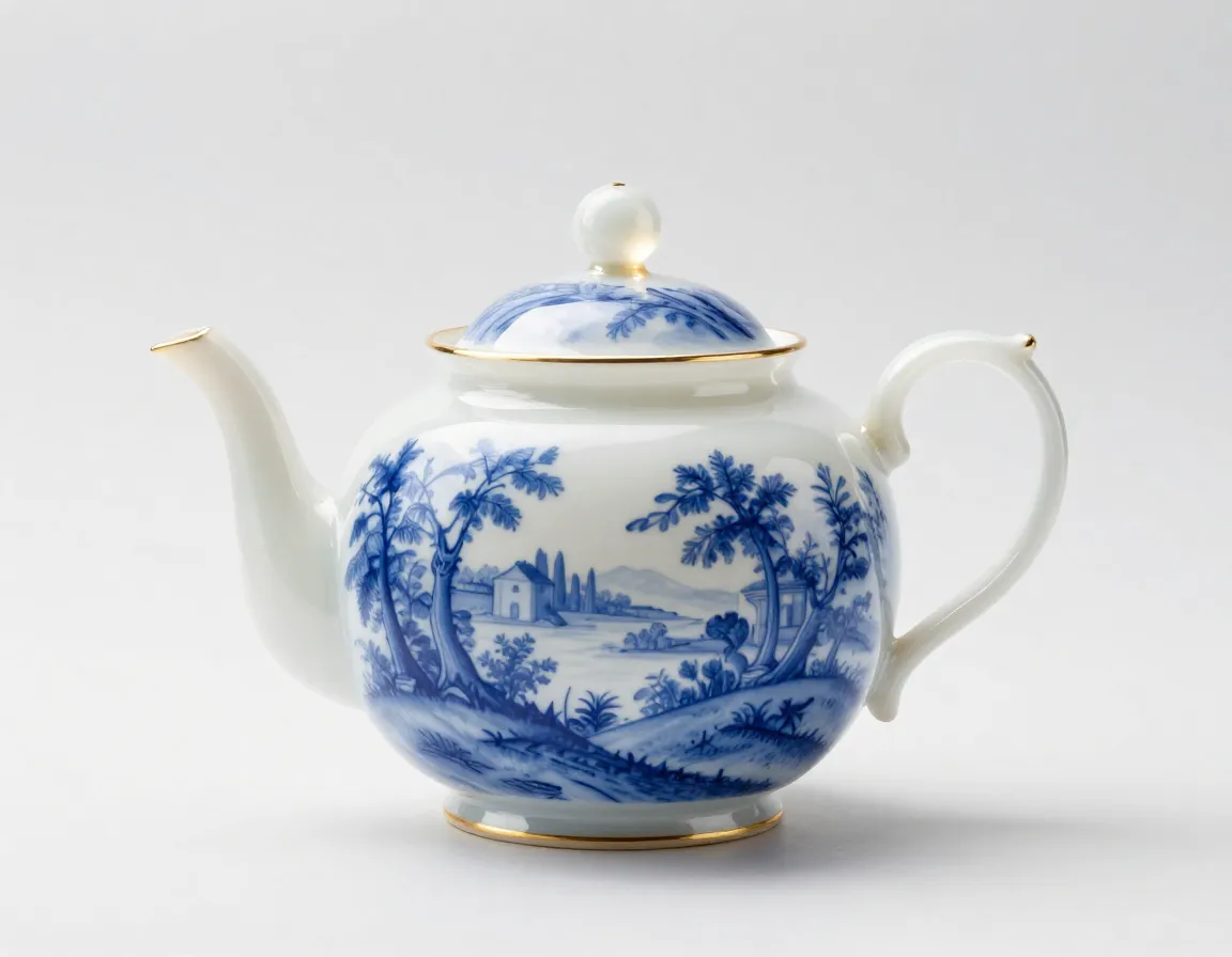 Translucent bone china teapot with blue italian pattern