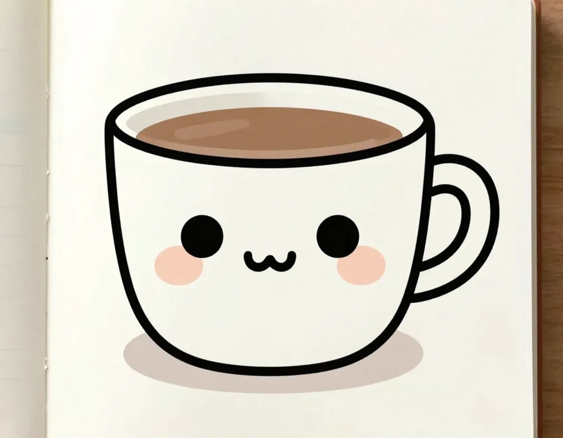 Cheerful kawaii coffee cup with large eyes and smile