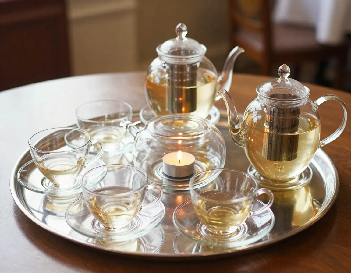 Complete glass afternoon tea set teapot warmer tray