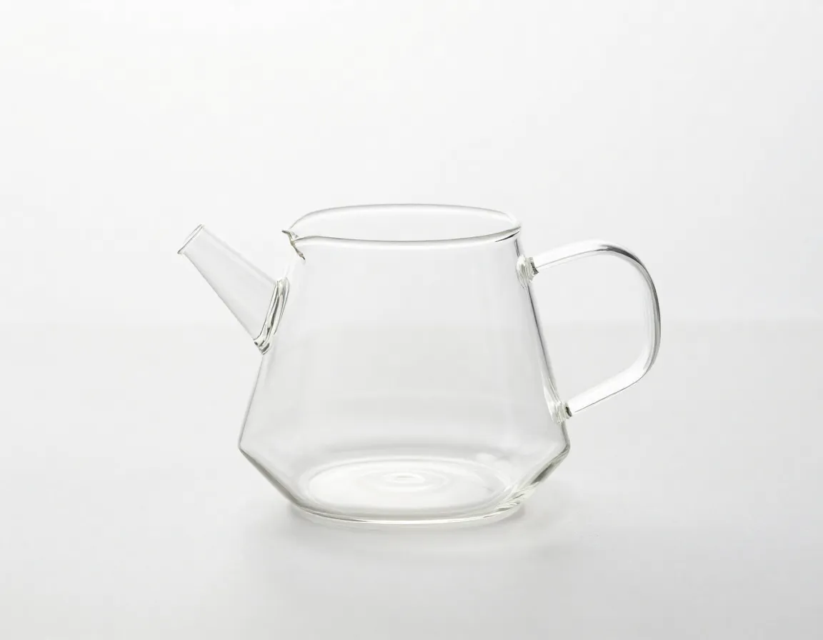 Minimalist glass teapot with geometric form on light surface