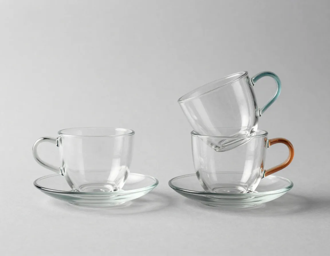 Sleek stackable minimalist glass cup saucer color accents