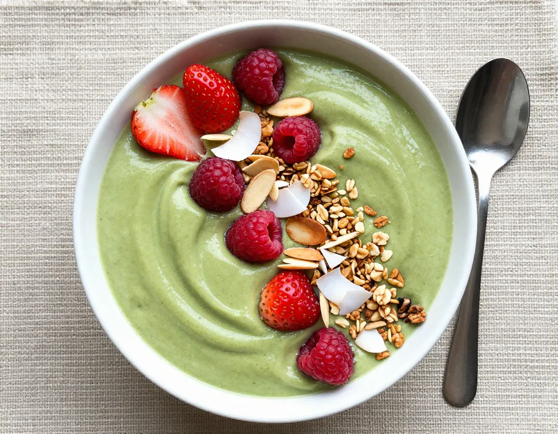 Thick vanilla matcha smoothie bowl topped with fresh berries and granola