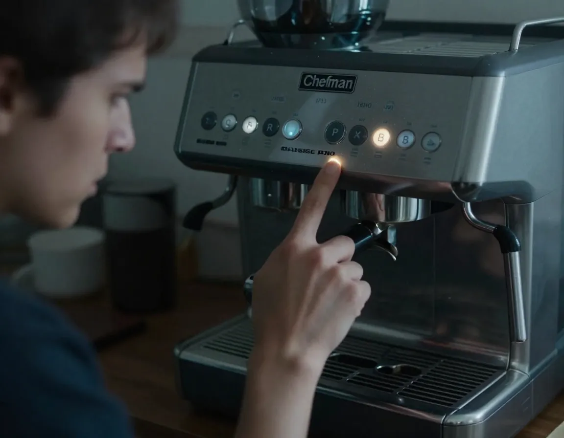 A person looking frustrated at an unresponsive espresso machine with dead buttons