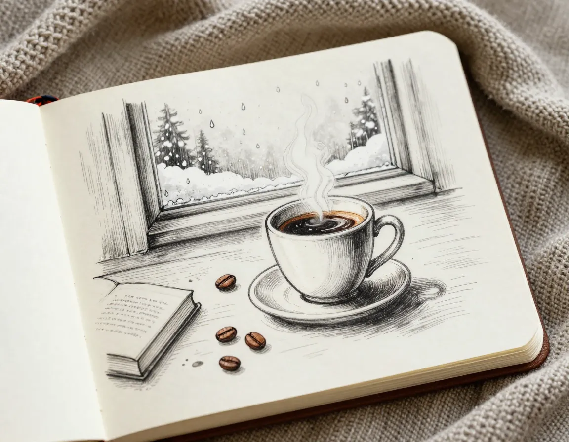 Cozy winter coffee scene with book blanket and window