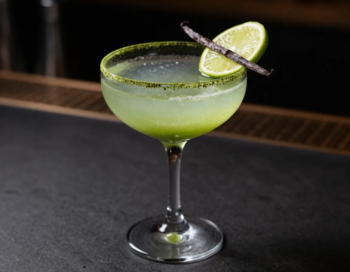 Elegant layered vanilla matcha mocktail in a coupe glass with garnish