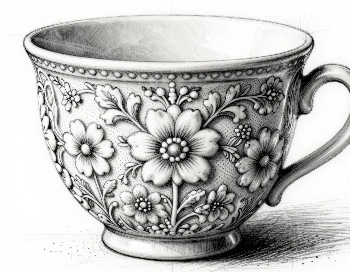 Intricate ceramic coffee cup with detailed floral surface pattern