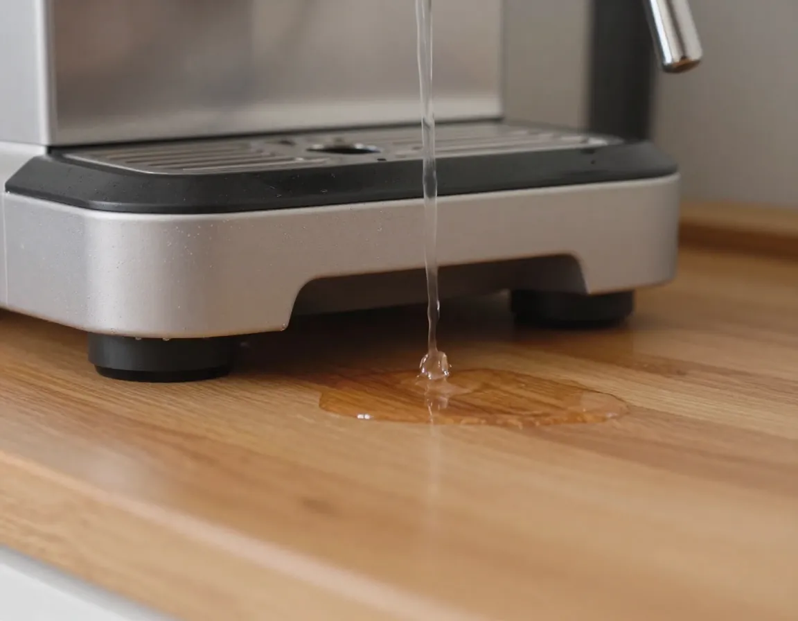 Water leaking from the base of an espresso machine onto a wet countertop