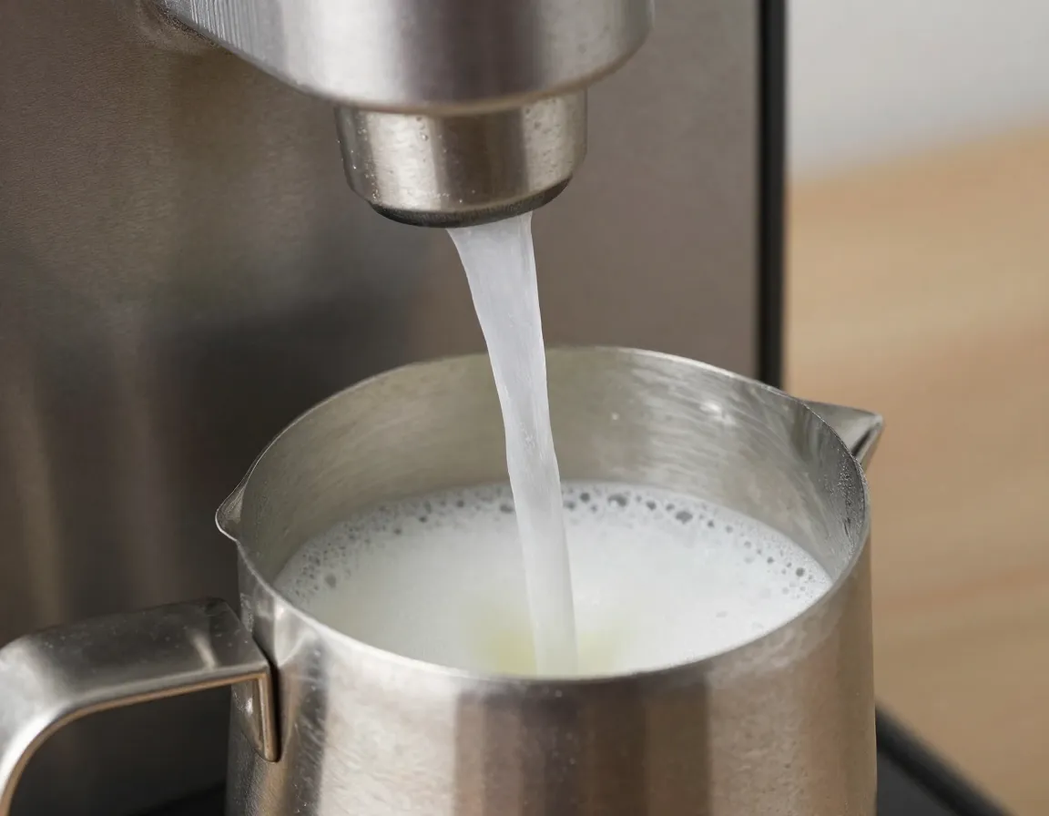 A steam wand dripping hot water instead of froth into an empty pitcher