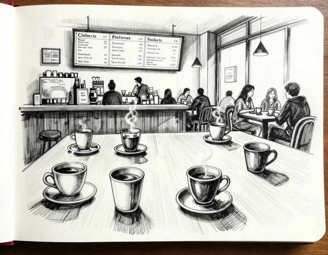 Coffee shop atmosphere sketch with multiple cups and perspective
