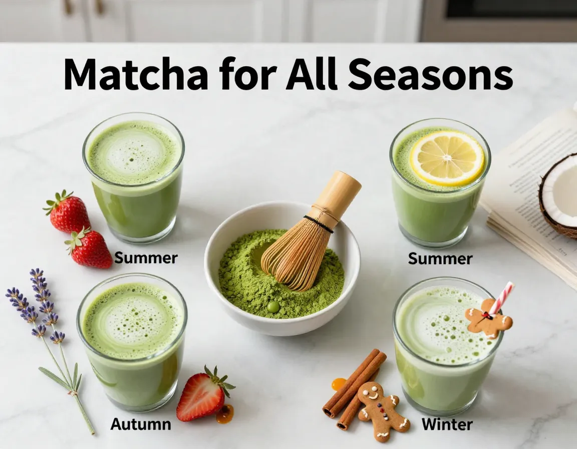 Matcha seasonal latte flat lay four vibrant glasses surrounding bowl