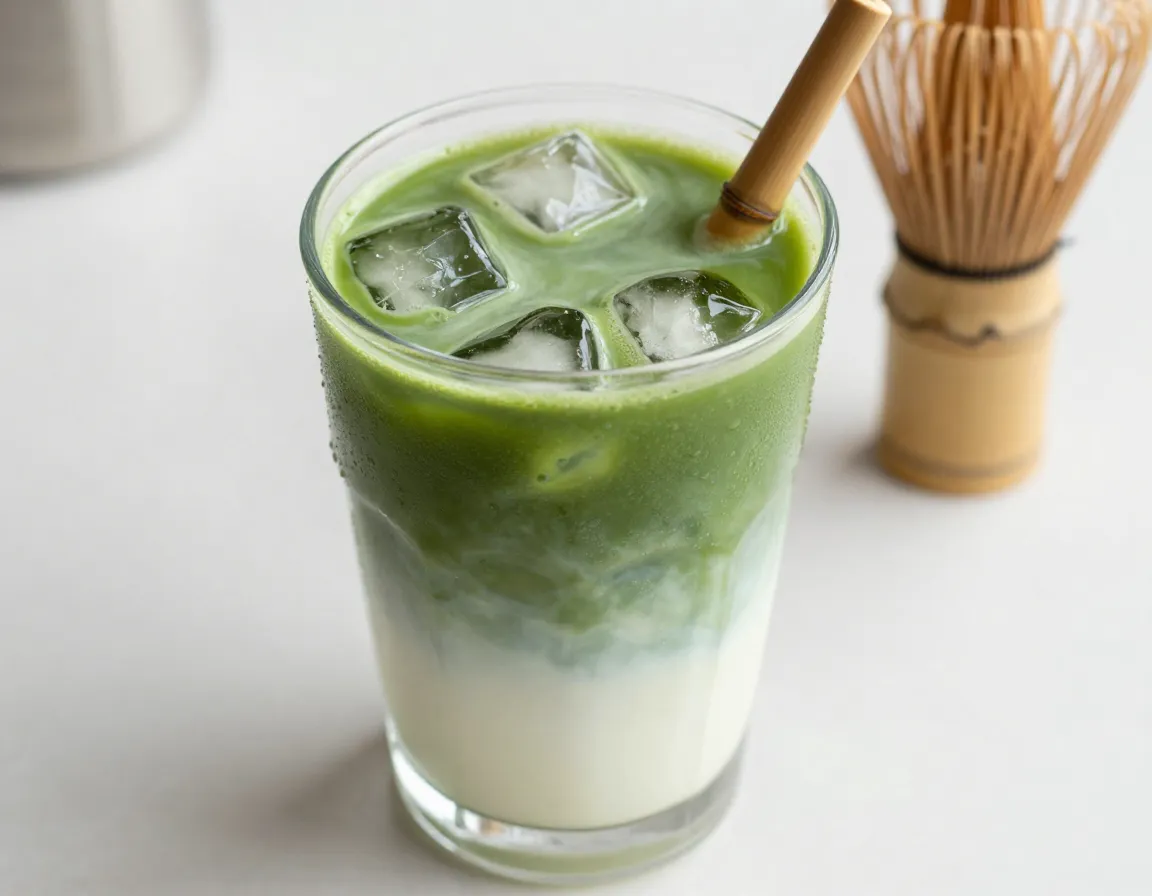 Classic iced matcha latte with layered frothy green milk