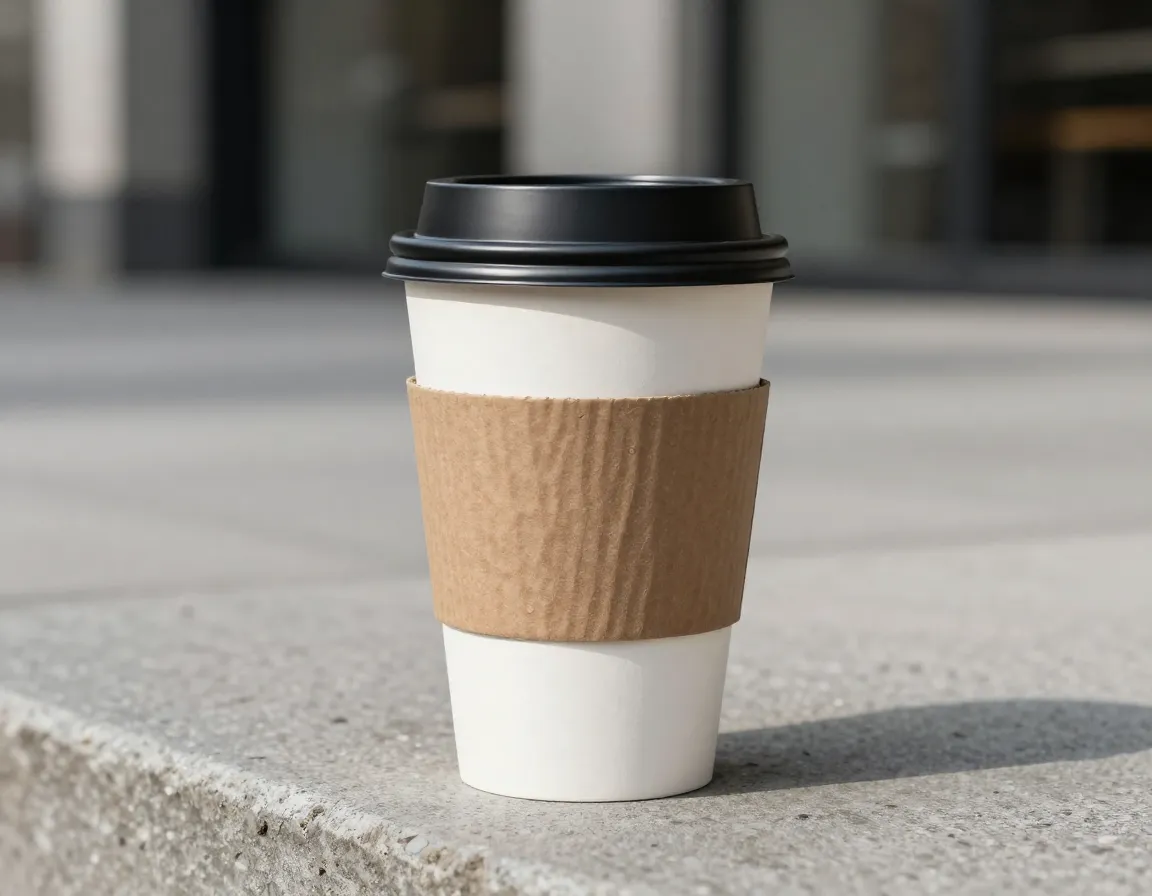 Disposable paper coffee cup with lid on urban concrete surface