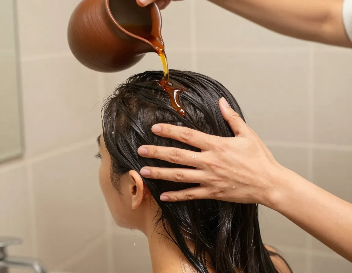 Woman massaging scalp with cinnamon tea hair rinse