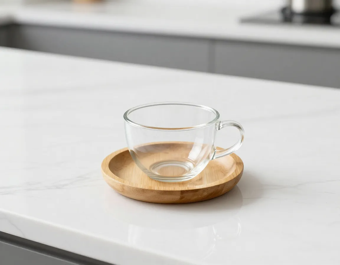 Minimalist clear glass tea cup with bamboo saucer on modern kitchen counter