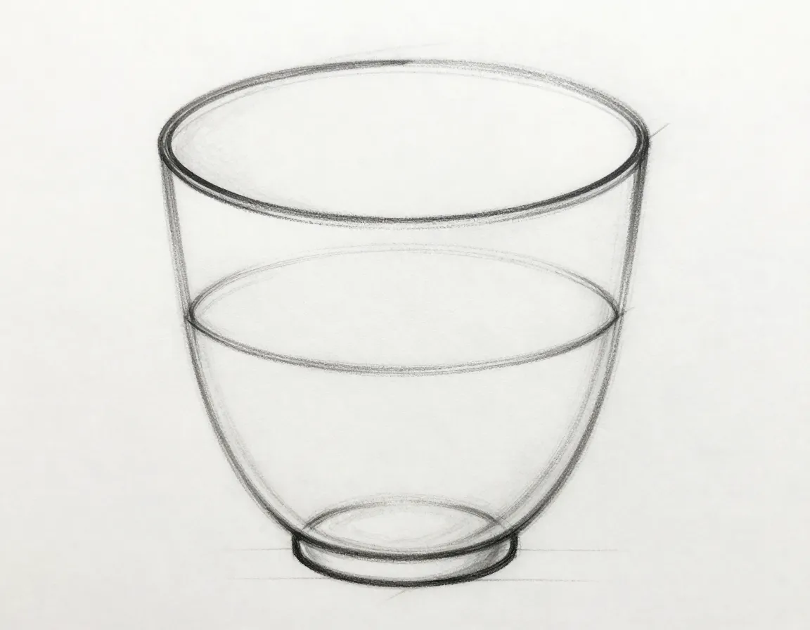 Teacup drawing curved lines connecting two ovals