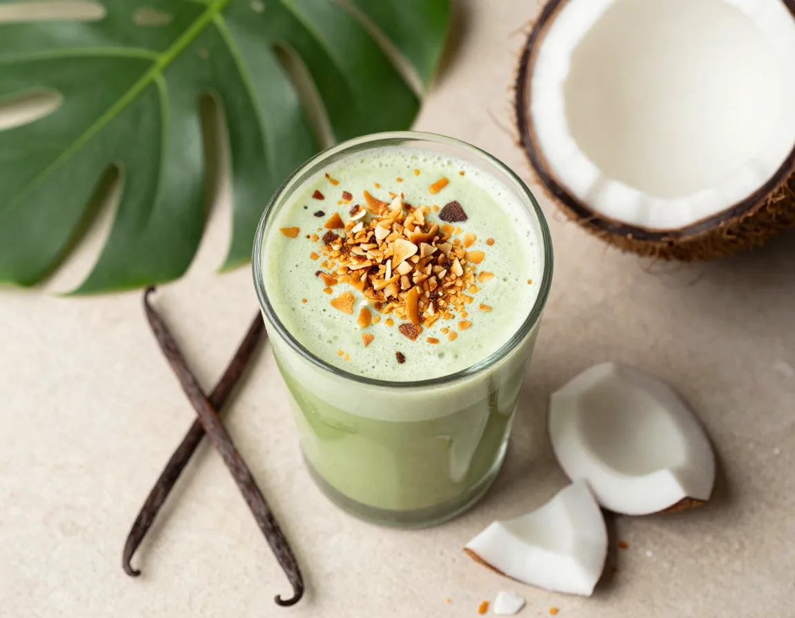 Coconut vanilla summer matcha with toasted coconut flakes garnish