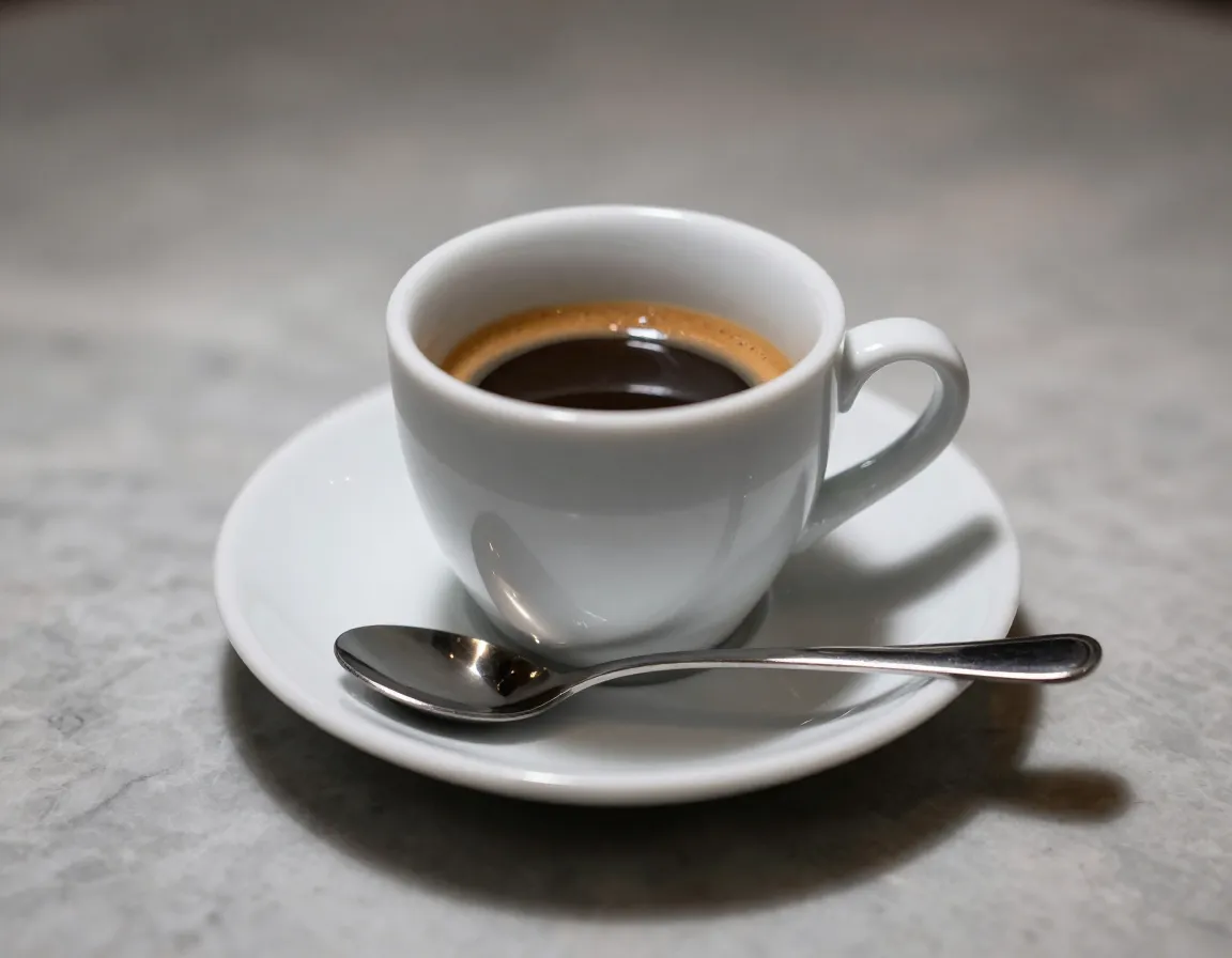 Small white espresso demitasse cup on saucer with spoon