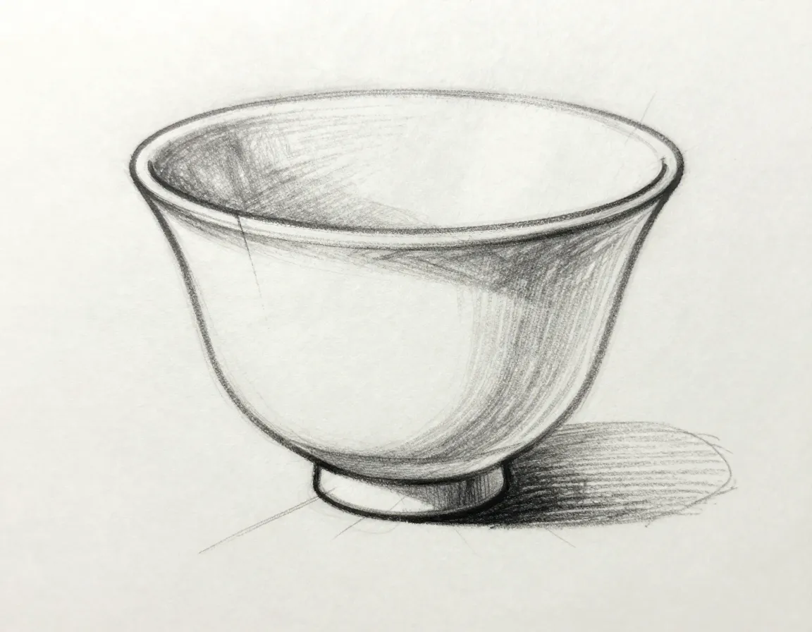 Teacup drawing small flat oval base connected to body