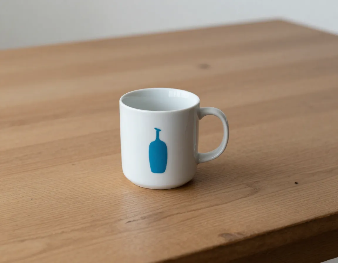 Minimalist blue bottle ceramic mug on a wooden table