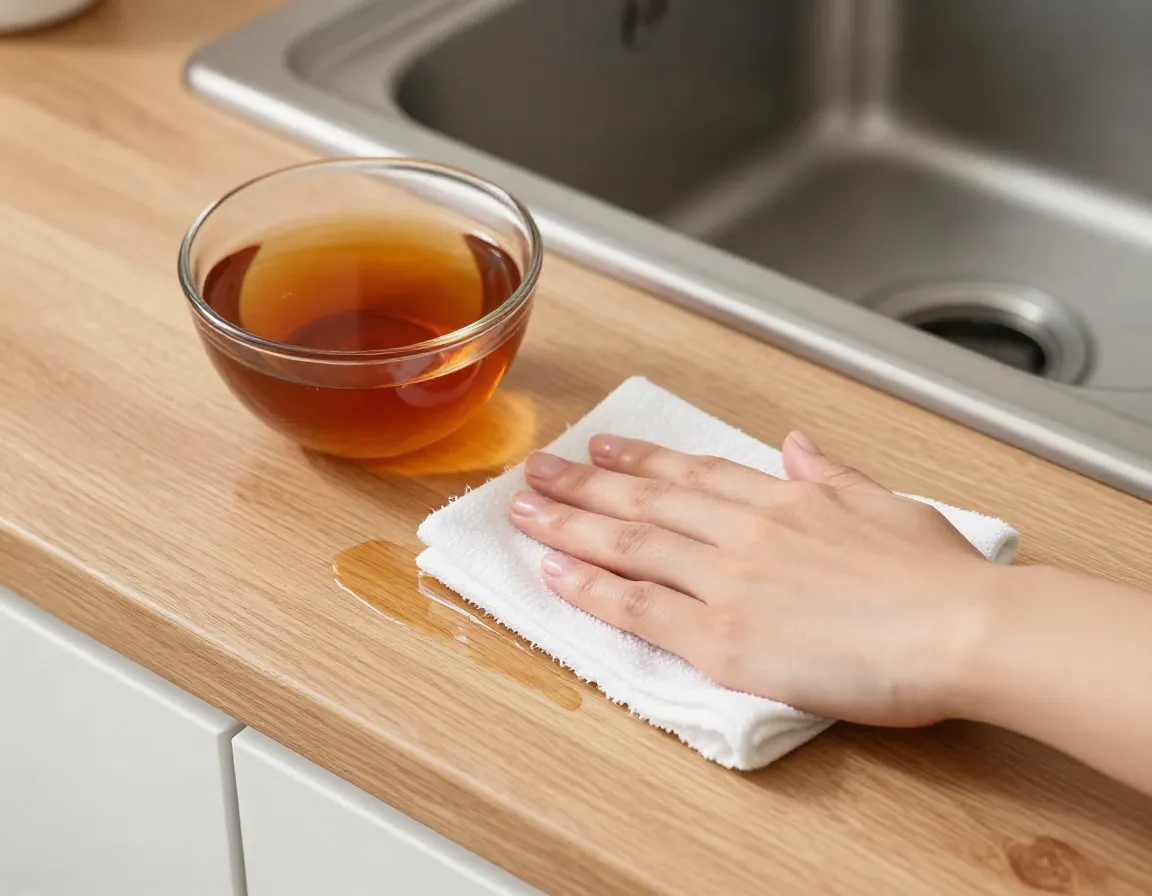 Hand wiping kitchen counter with cloth dipped in cinnamon tea