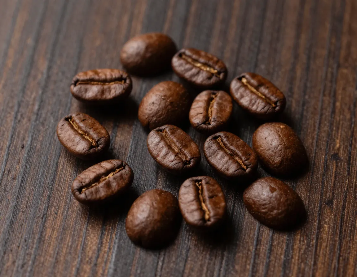 Scatter of roasted coffee beans on dark wood grain