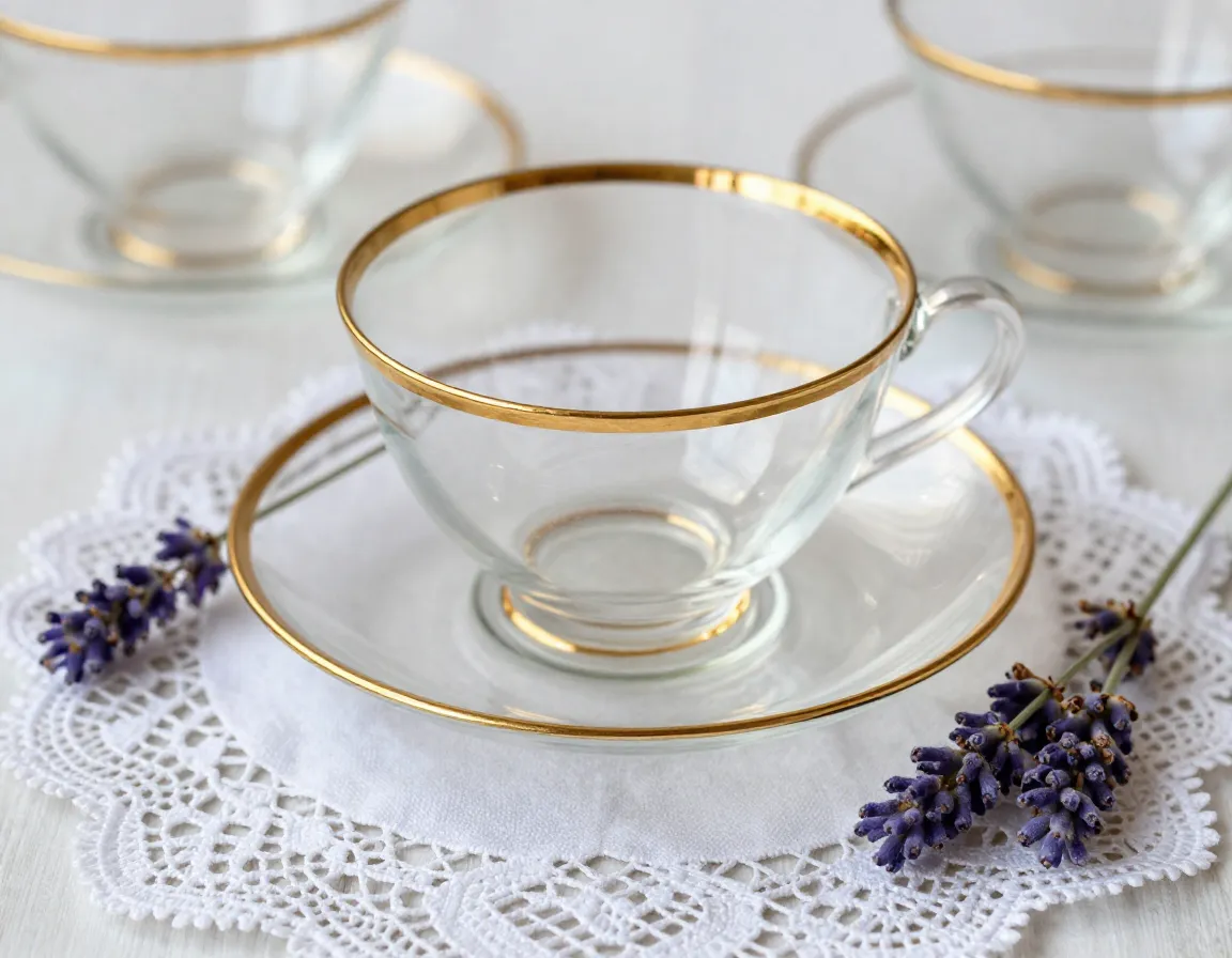 Vintage inspired glass tea cup with delicate gold rim on lace doily