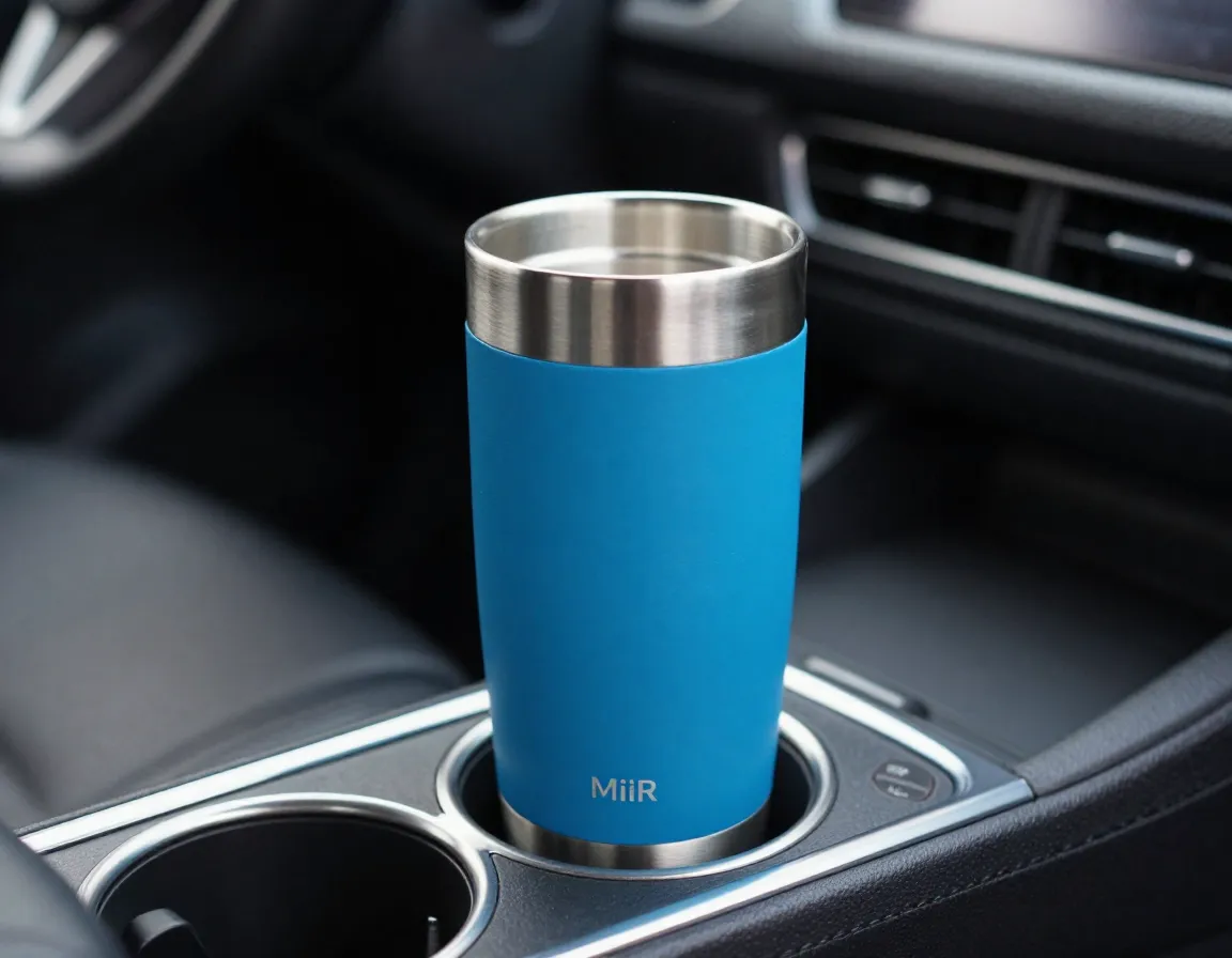 Blue bottle travel mug snugly fitted in a car cup holder
