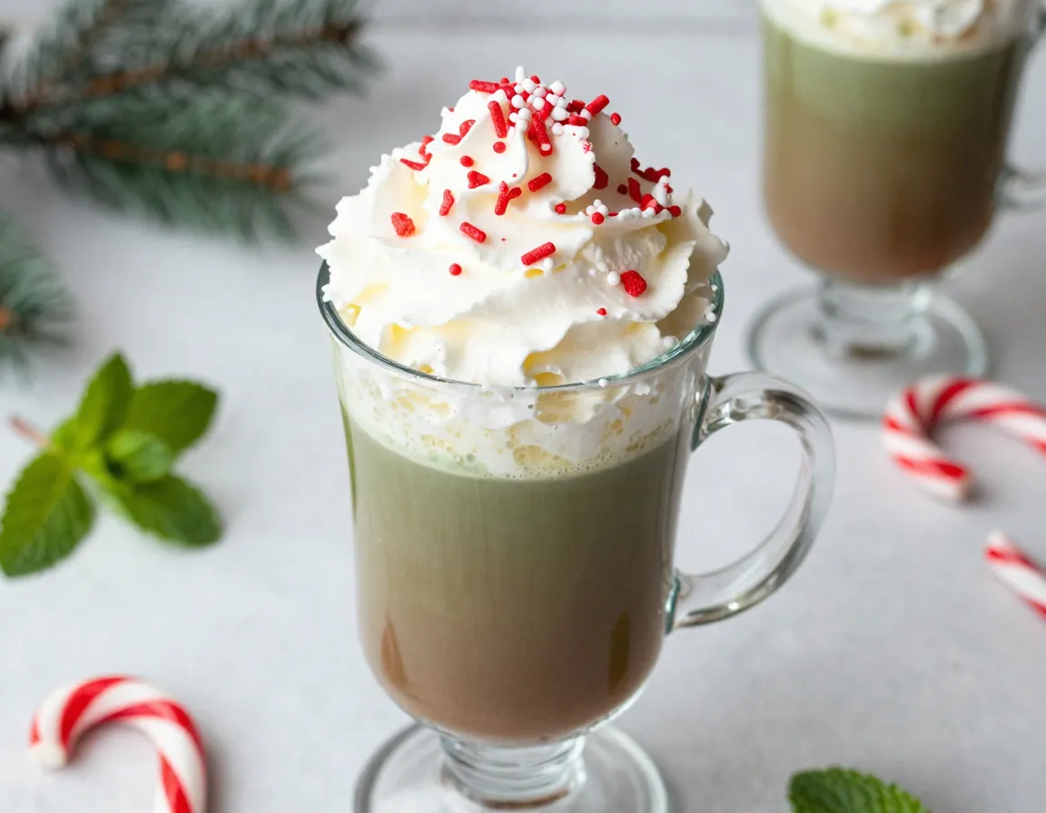 Peppermint mocha matcha with whipped cream and candy garnish