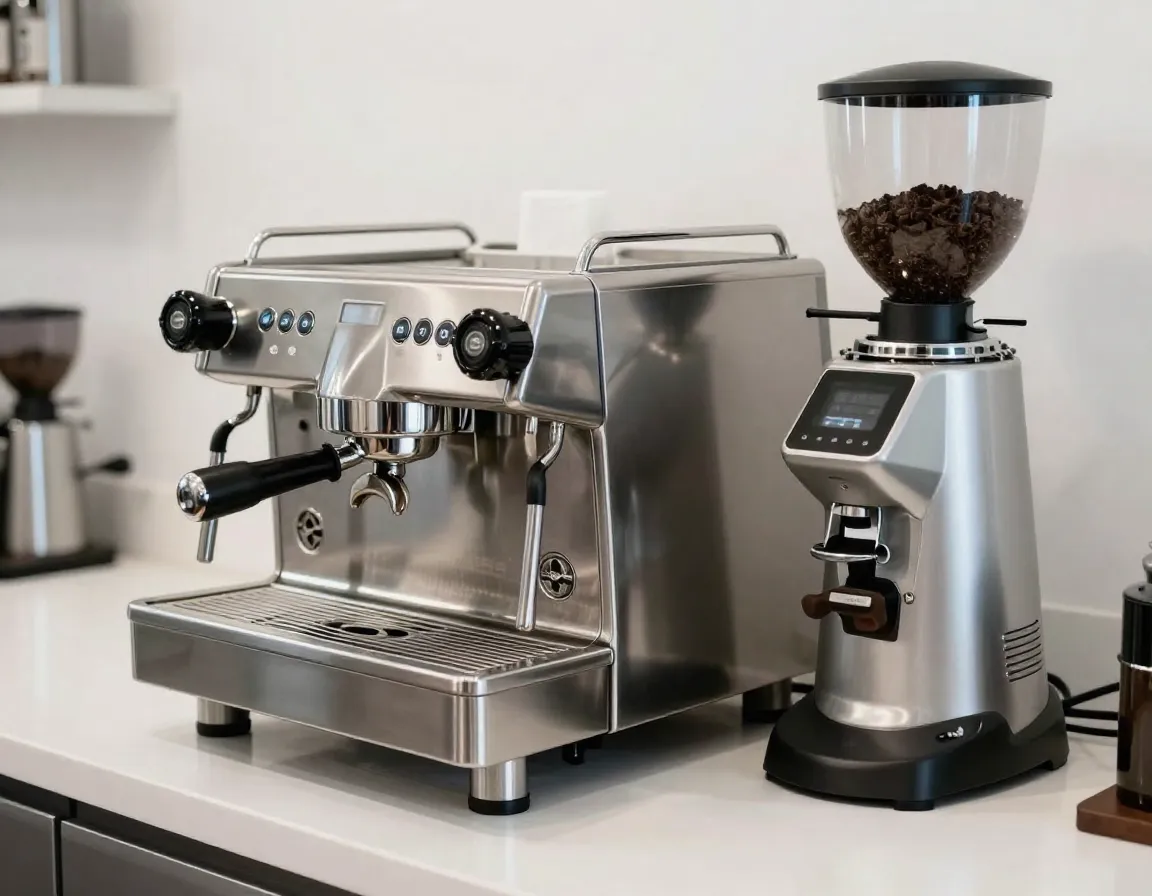 Professional stainless steel espresso machine and grinder on counter