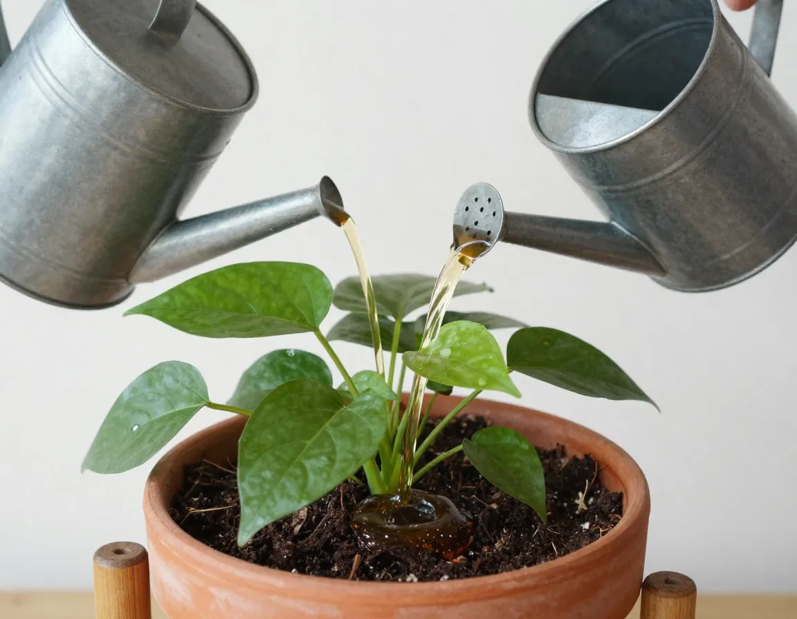 Watering houseplant with diluted cinnamon tea from watering can