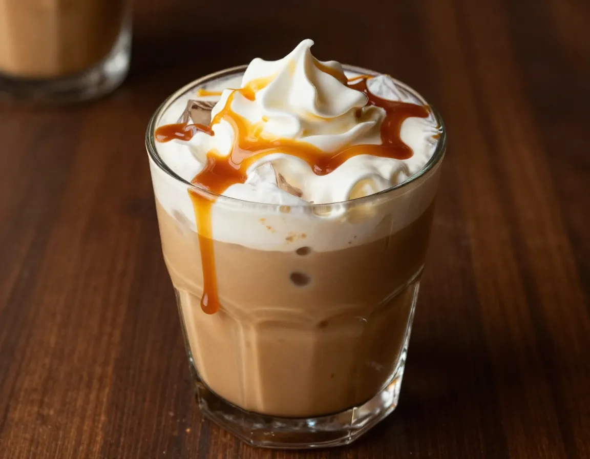 Caramel vanilla sweet cream cold brew with caramel sauce drizzle