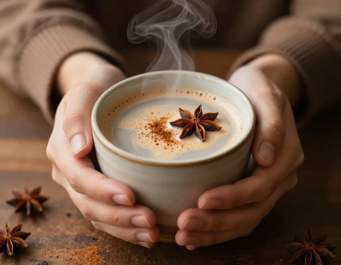 Spiced chai matcha fusion in cup with star anise garnish