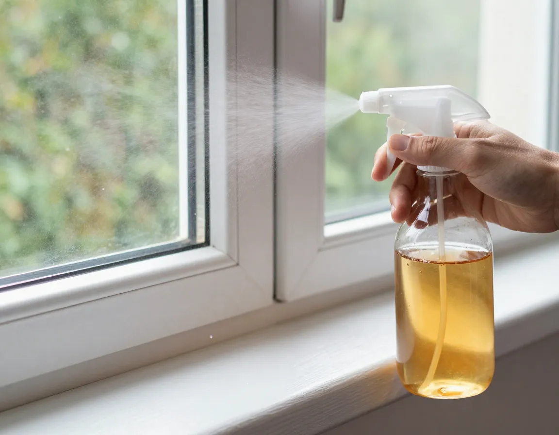 Spraying cinnamon tea along windowsill as natural pest deterrent