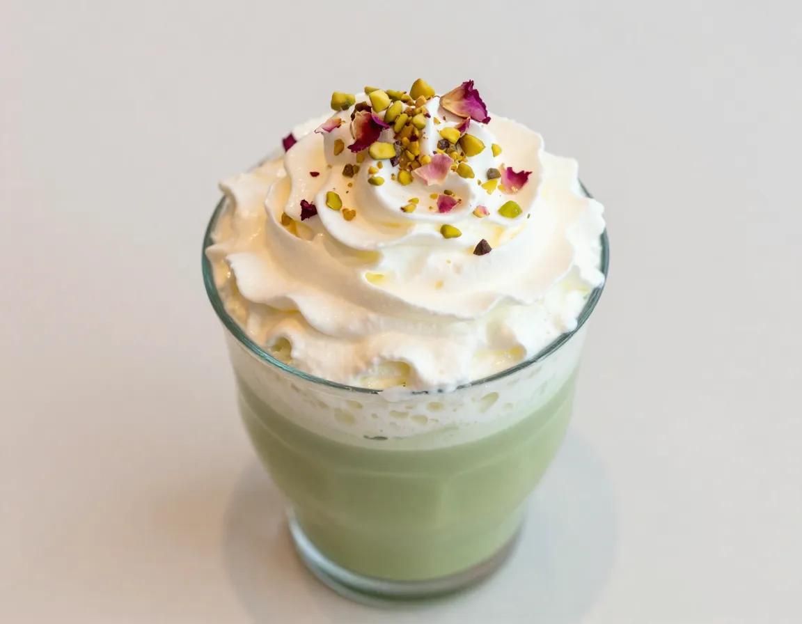 Cloud top pistachio rose matcha with whipped cream garnish
