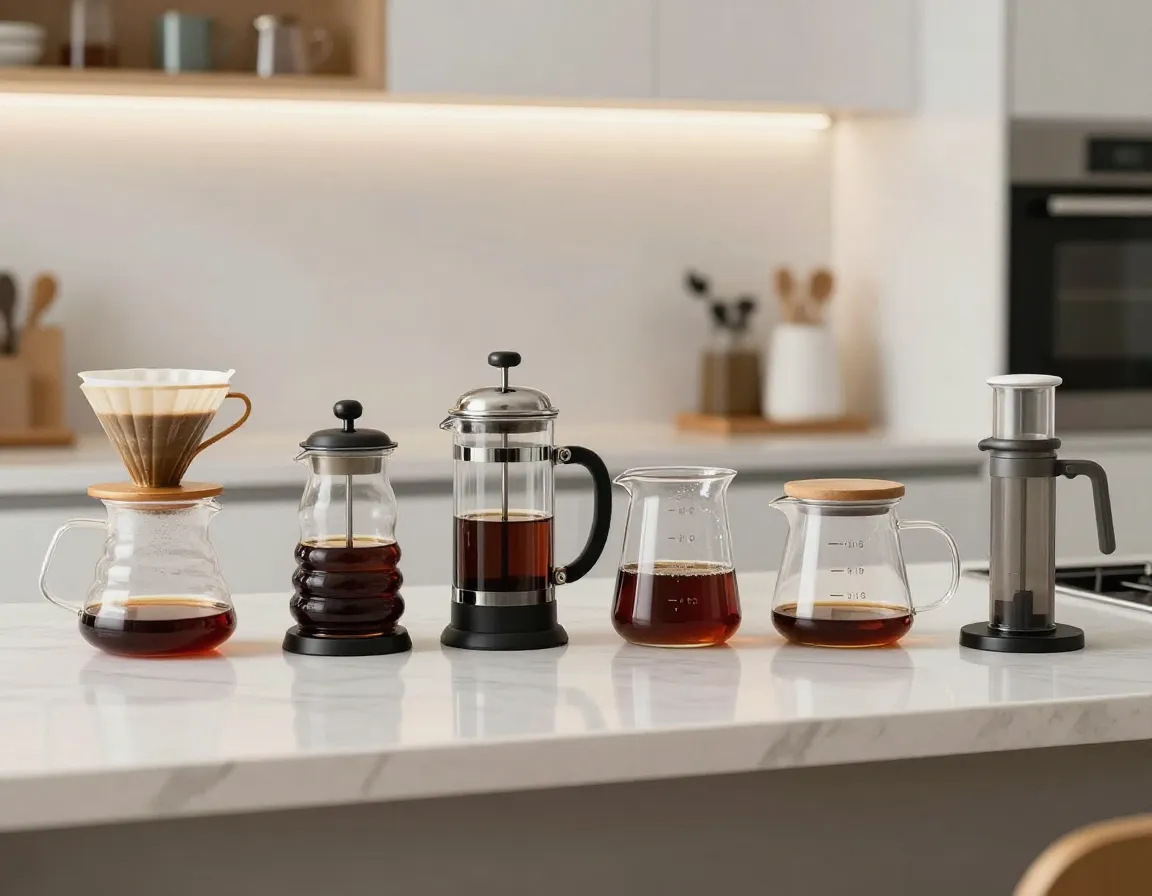 Collection of specialty coffee brewing equipment on kitchen counter