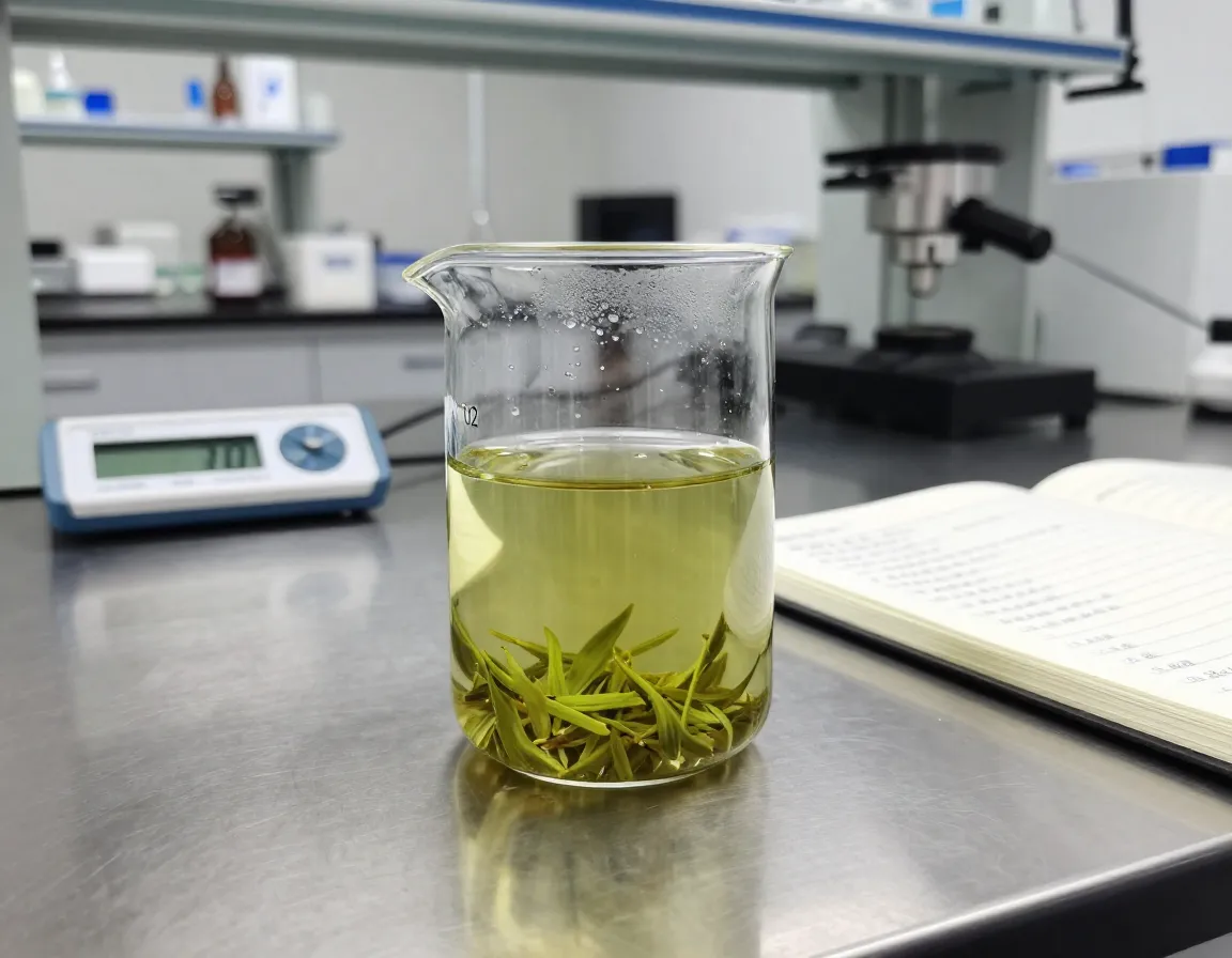 Professional laboratory glass tea cup with green tea on science desk