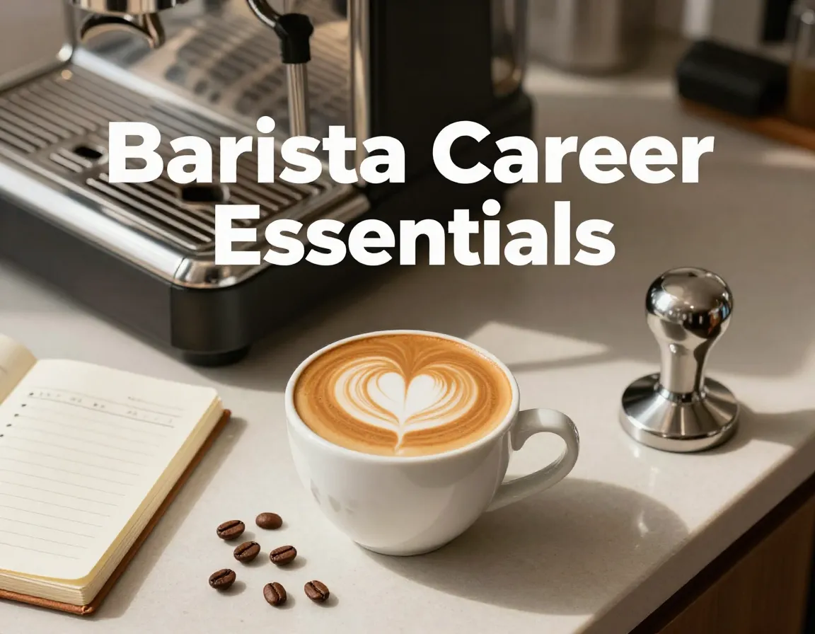 Coffee bar latte art notebook beans tamper minimalist overhead shot