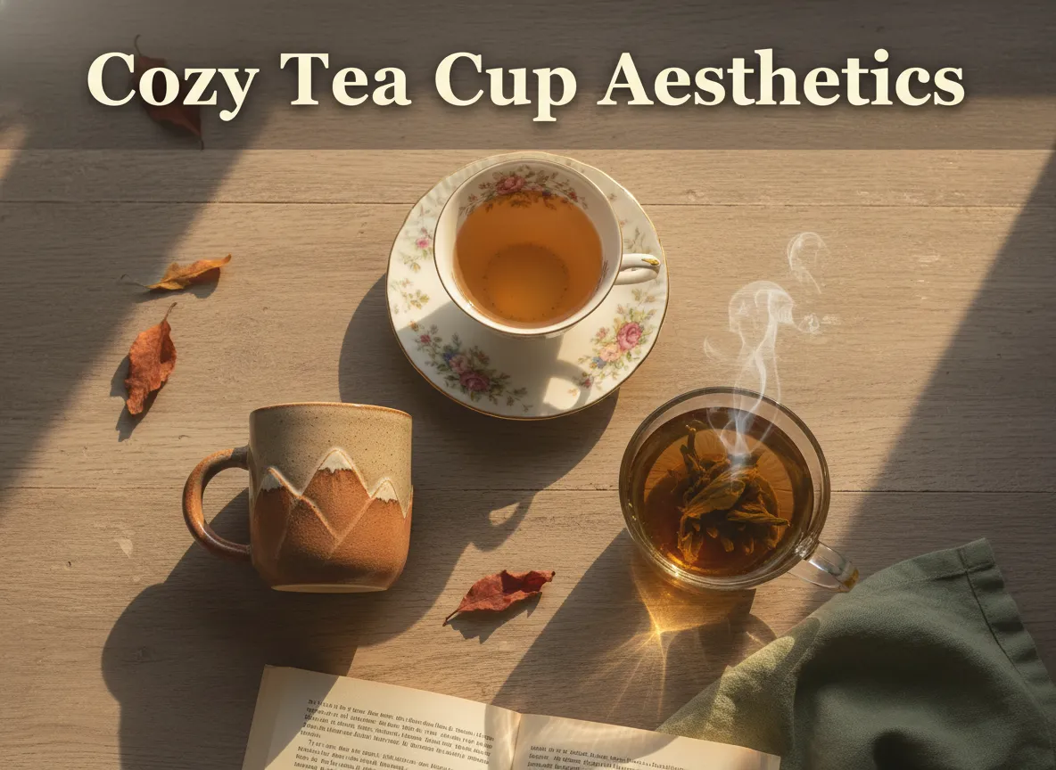 Vintage ceramic glass tea cups flat lay cozy autumn aesthetic