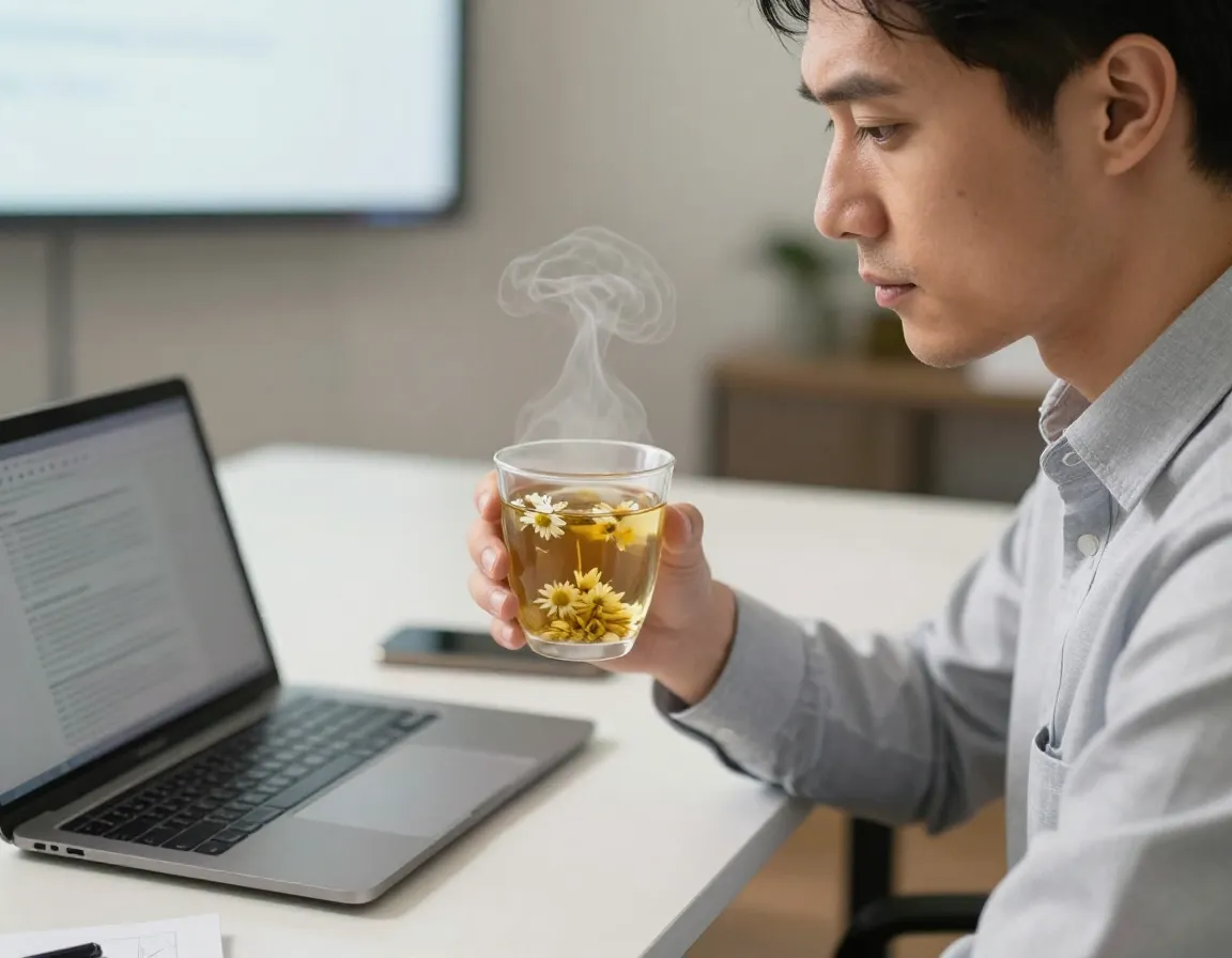 Chamomile tea reduces anxiety for professional man before presentation