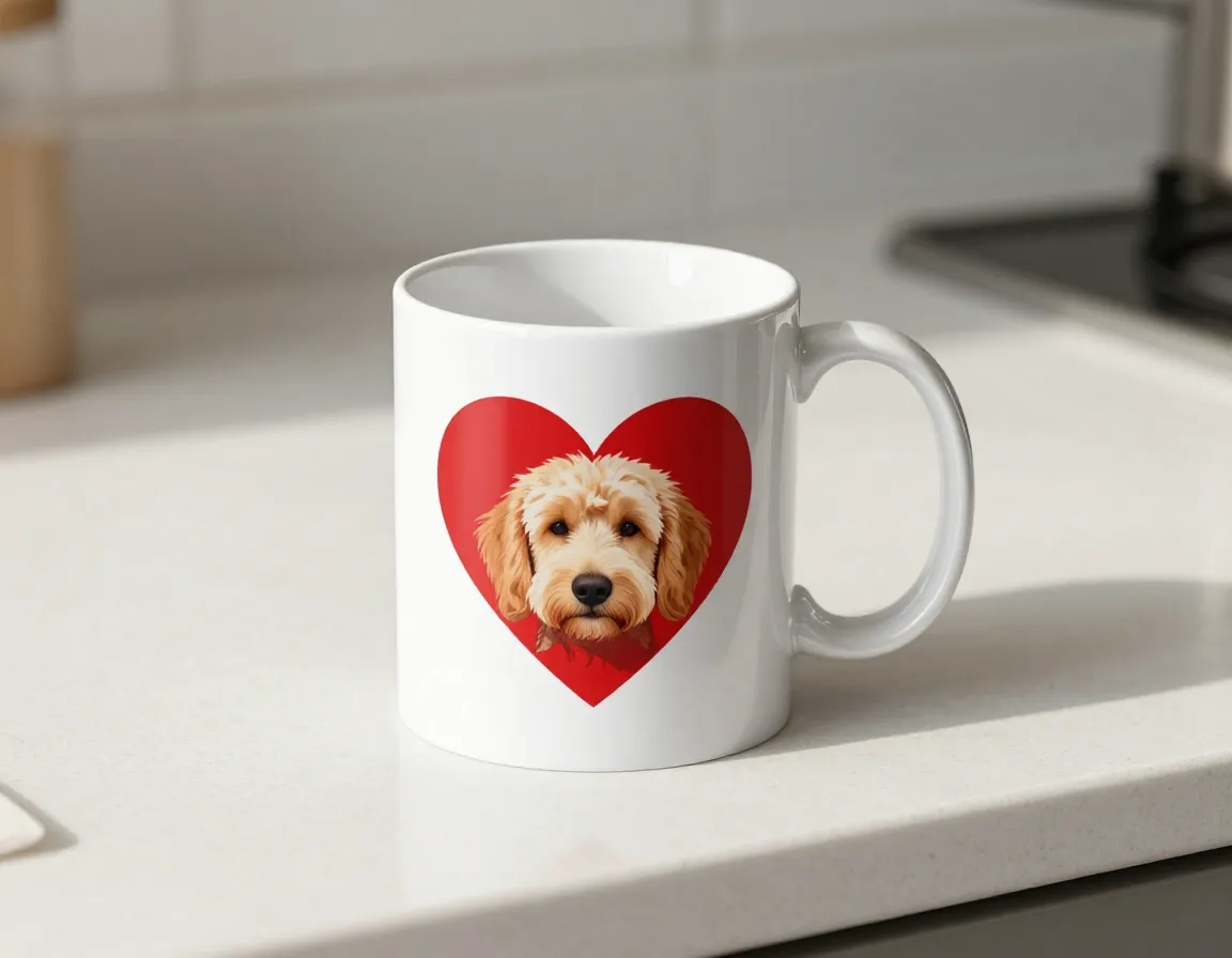 Classic heart golden doodle mug on kitchen counter