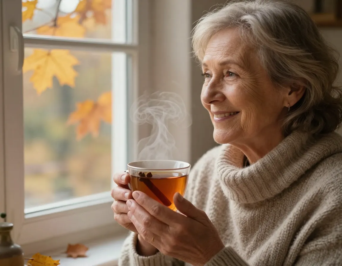 Older woman smiling at cozy autumn window with cinnamon tea