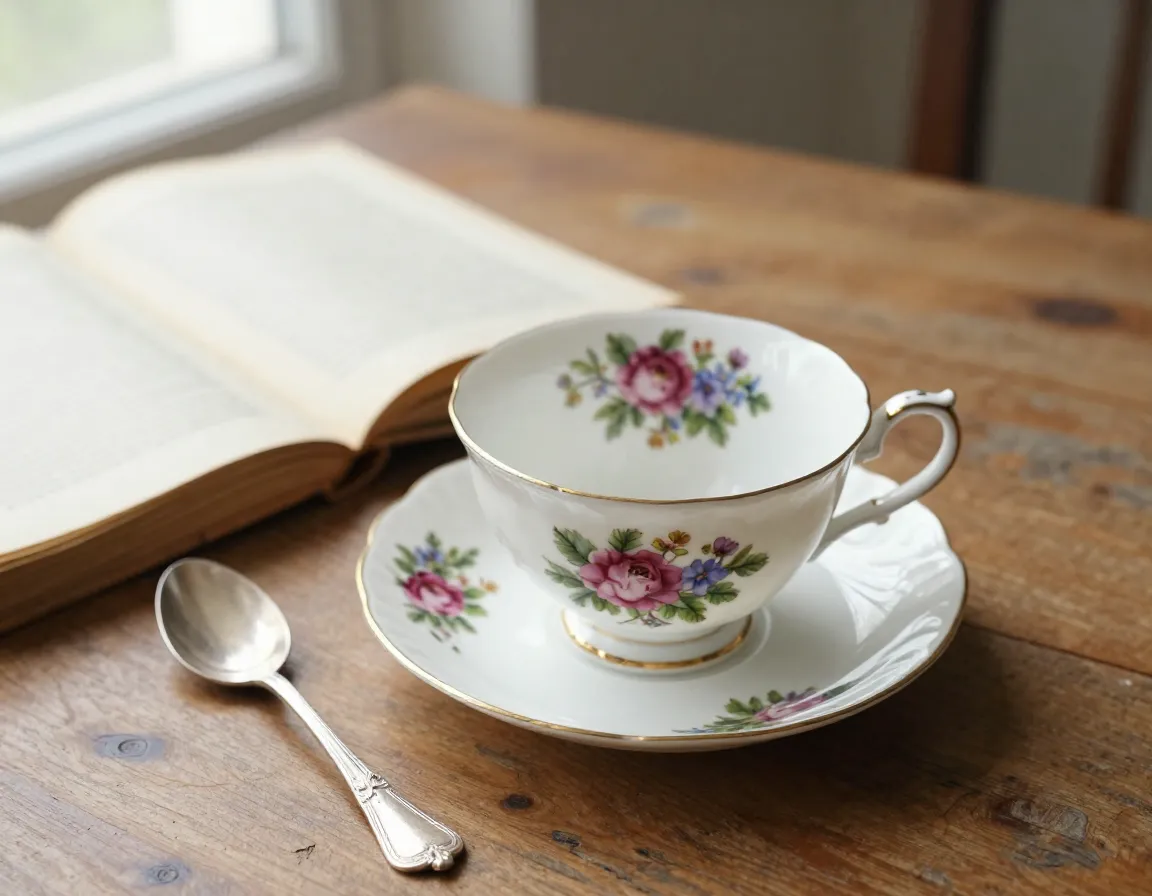 Vintage floral porcelain tea cup on antique wood with recipe book