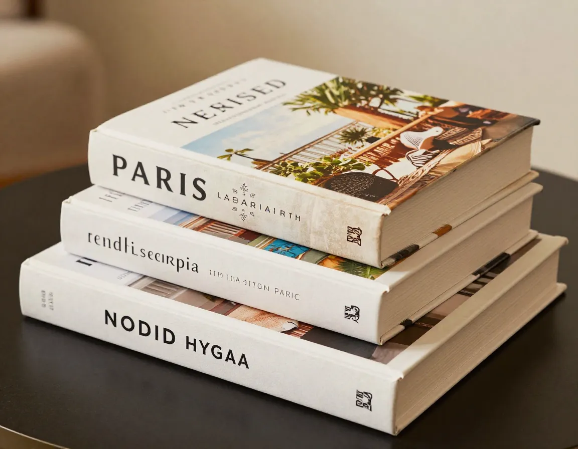 A stack of three regional design books about nordic mediterranean and parisian styles