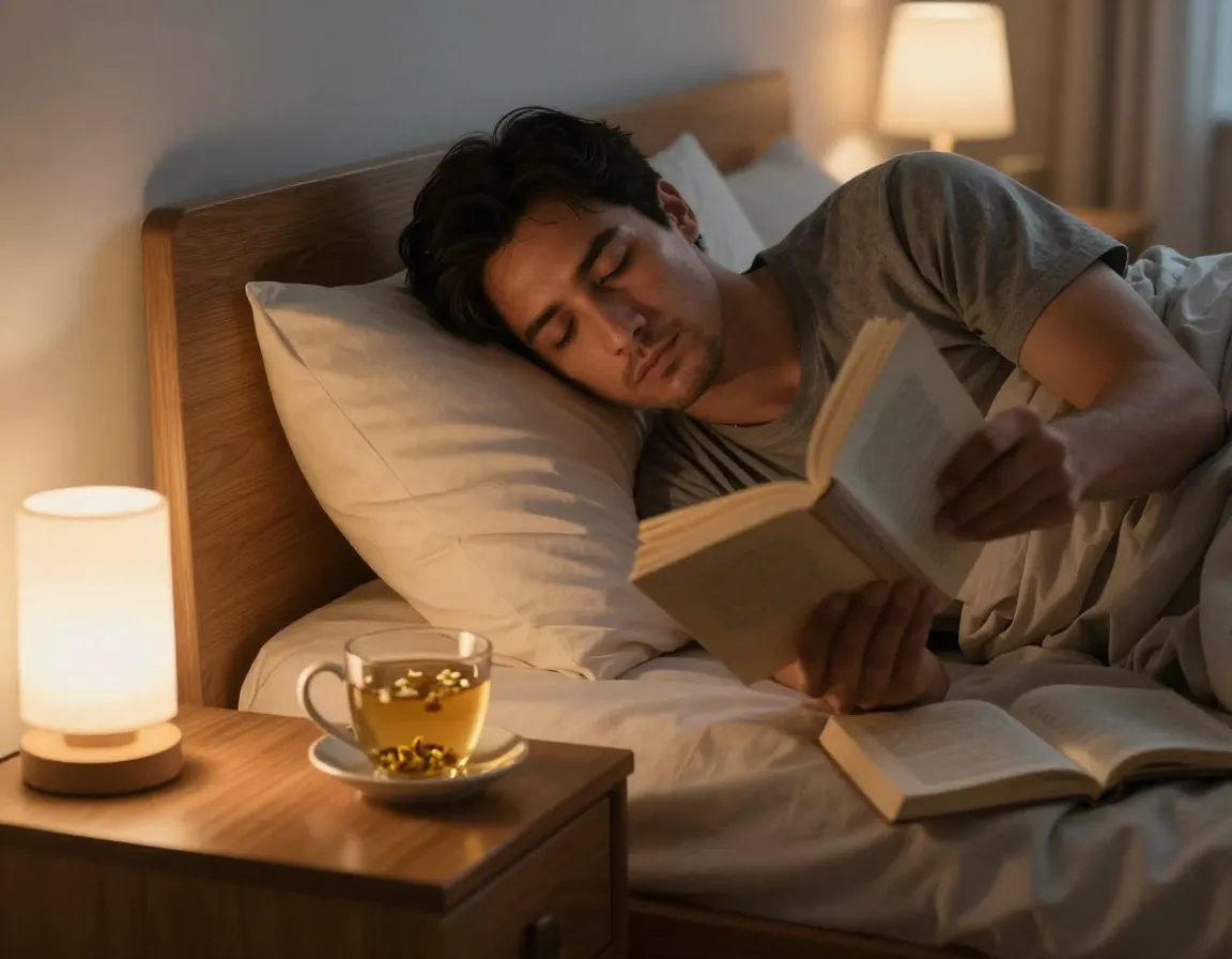 Man enjoys chamomile tea before bed for improved sleep quality