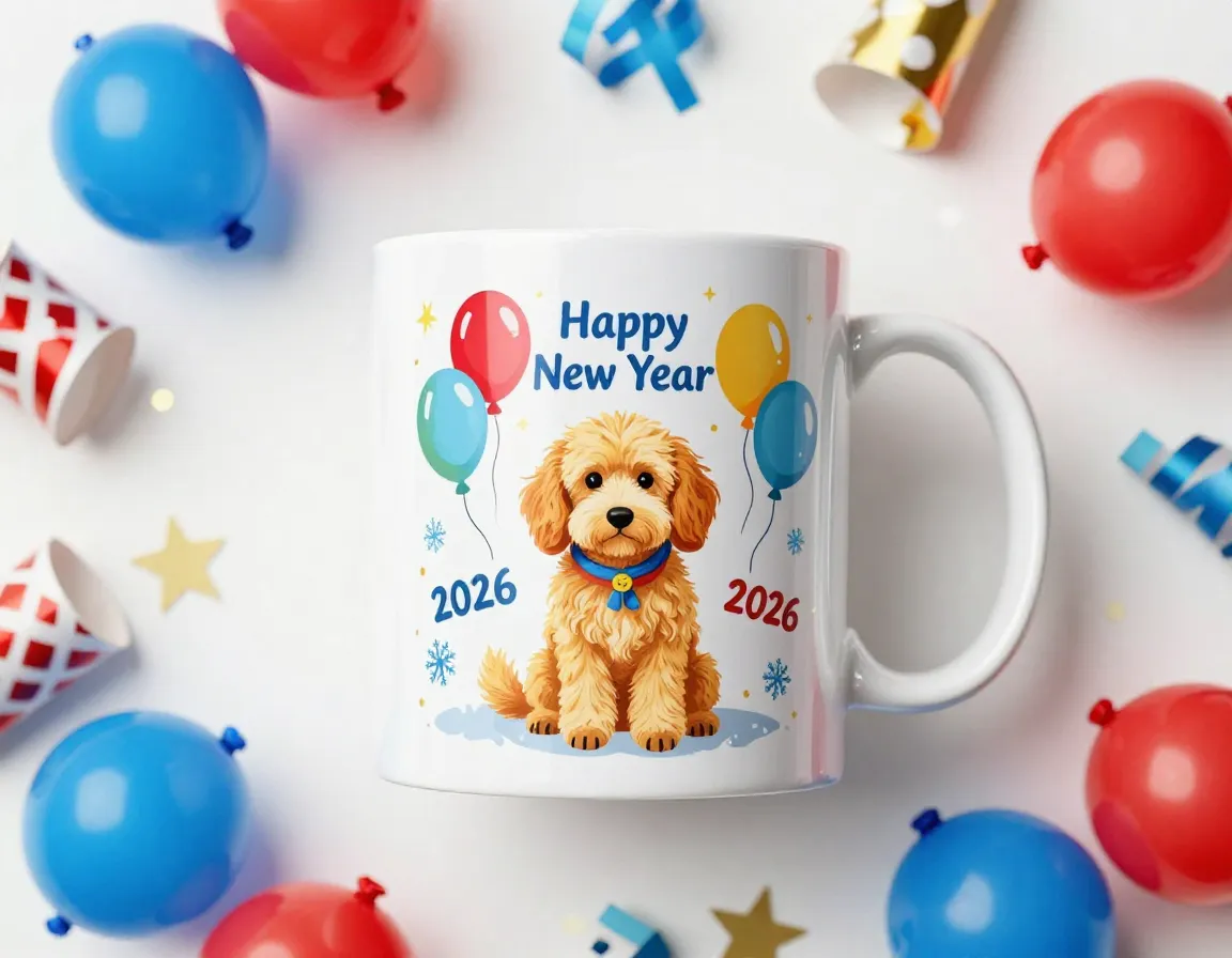 Festive golden doodle new year mug with balloons