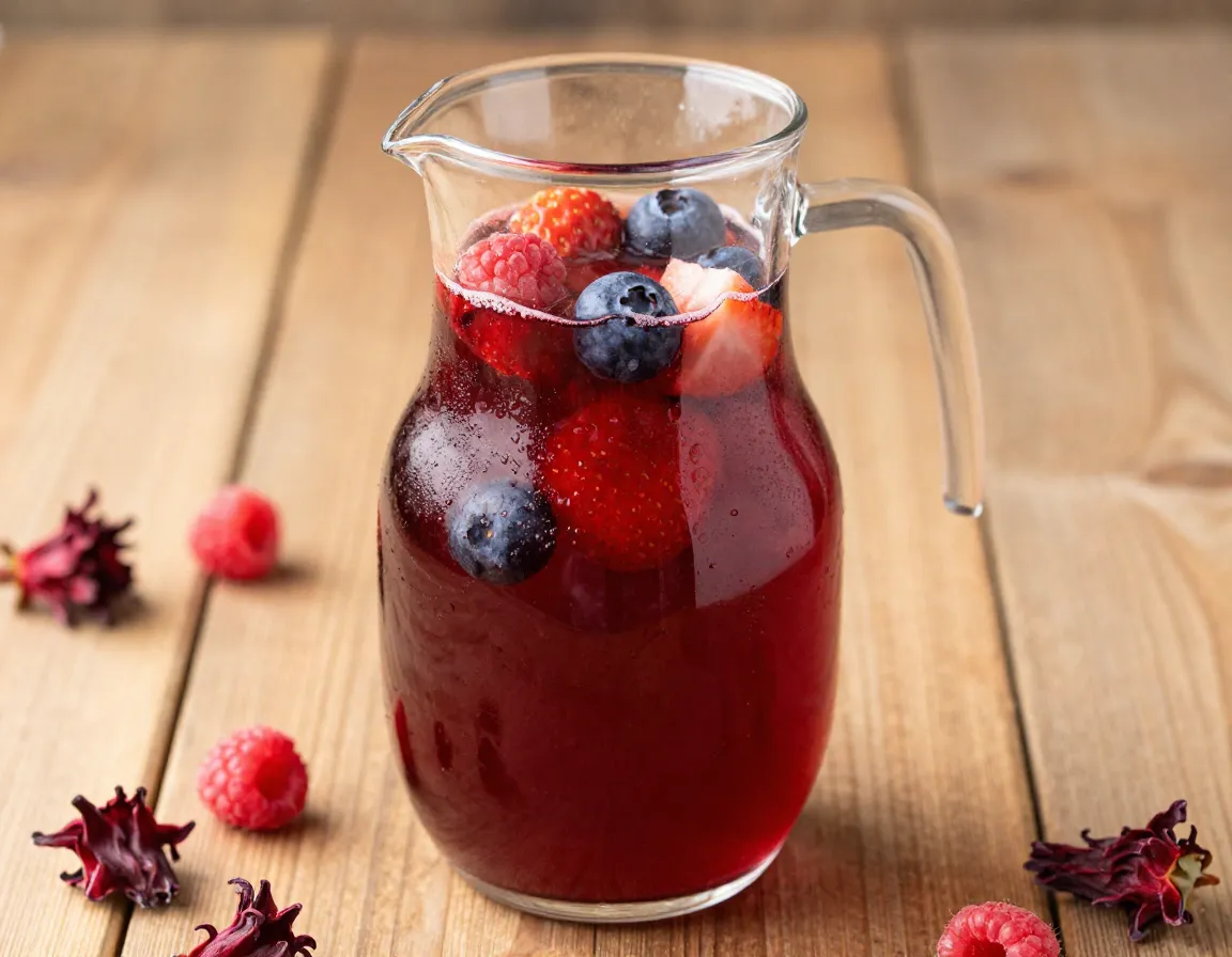 Ruby red hibiscus berry cold brew with fresh mixed berries