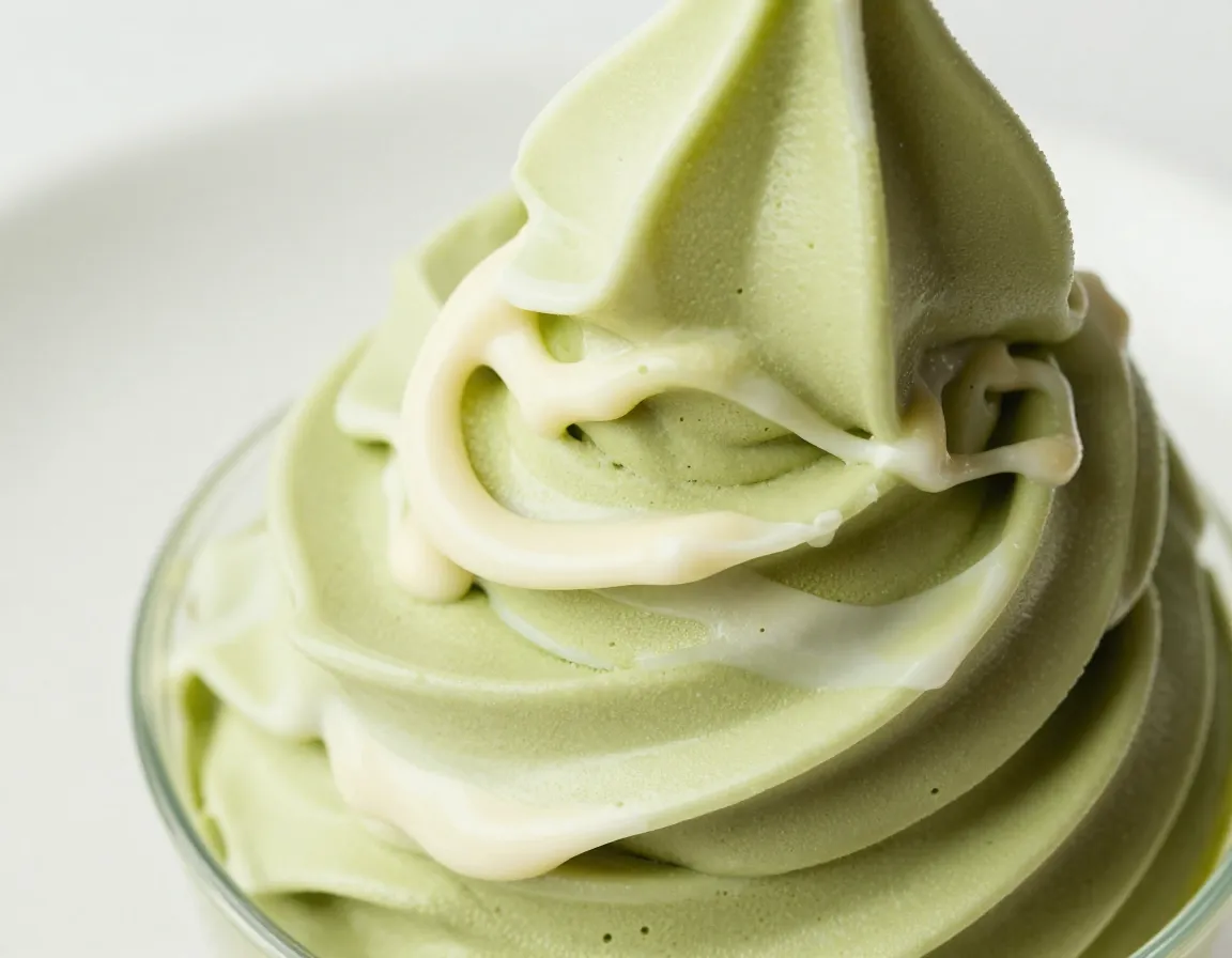 Zen garden matcha soft serve with white chocolate marble swirl